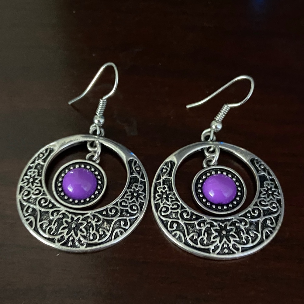 Silver and Purple Floral Dangle Earrings